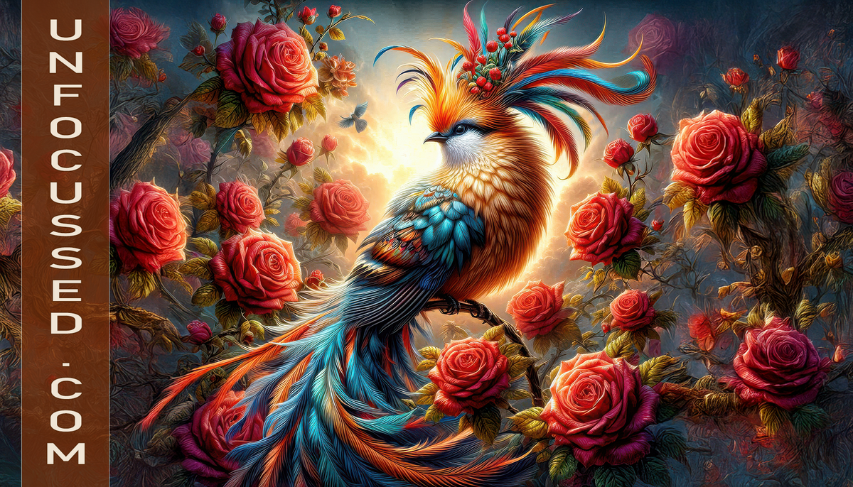 A vivid cobalt, coral, and gold Prismfeather sings in a rose-filled Mossbottom conservatory while an older sparrow listens.