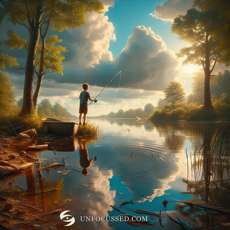 Um jovem pescador junto a um pequeno barco sob nuvens imponentes, com árvores e luz dourada refletidas no lago.