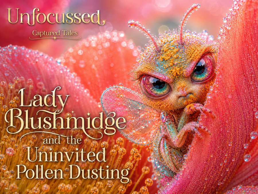Lady Blushmidge peers from a dew-covered coral blossom beneath the Captured Tales title.