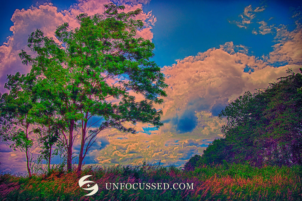 Expressive green trees and a colorful textured field beneath peach-pink clouds and deep blue sky.