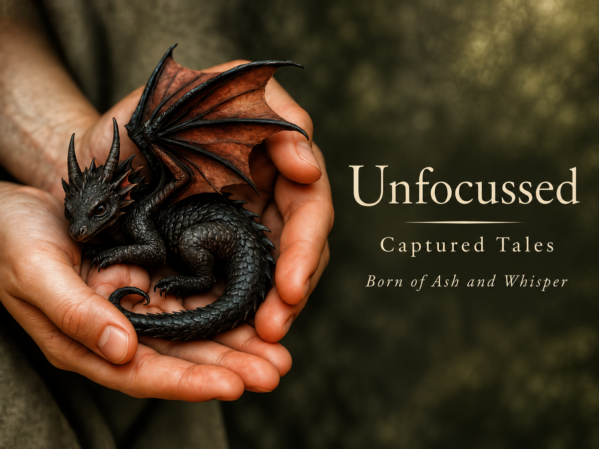 Ein winziger schwarzer Drache mit kupferroten Flügeln ruht in zwei Händen neben dem Titel Born of Ash and Whisper.