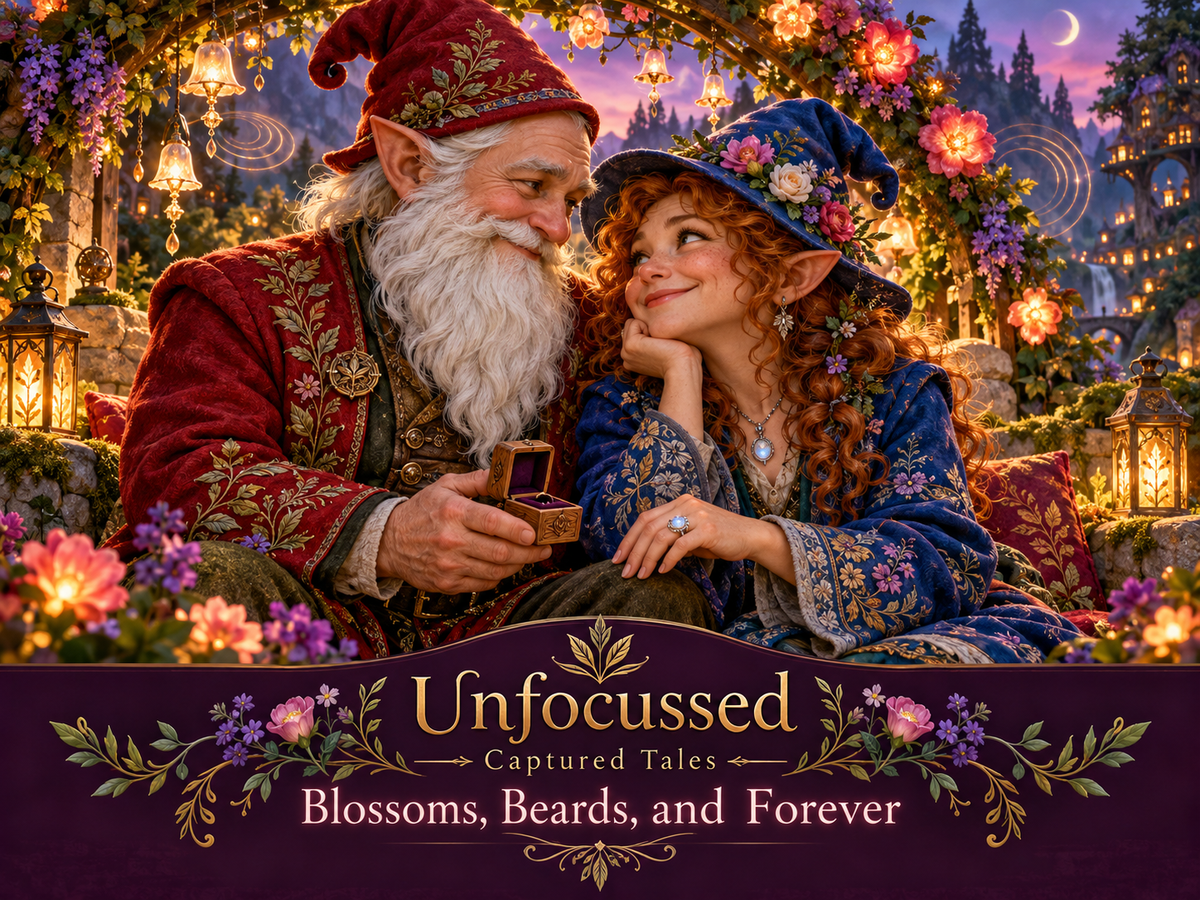 Blossoms, Beards, and Forever: Orin offers Lila a moonstone ring beneath the glowing flowers of their Mossbottom garden.