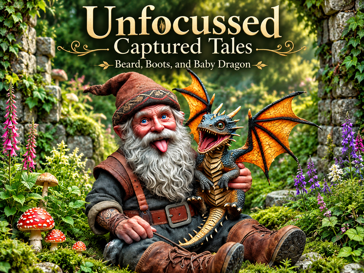 Silver-bearded gnome Grimble holds little blue dragon Sizzle among woodland flowers beneath the Beard, Boots, and Baby Dragon title.