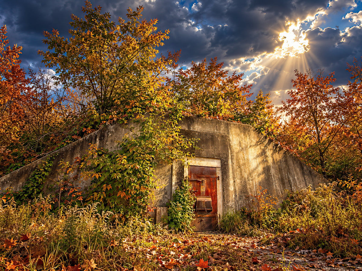 Verwitterter Betonbunker zwischen Herbstlaub und Sonnenstrahlen im Busch Memorial Conservation Area