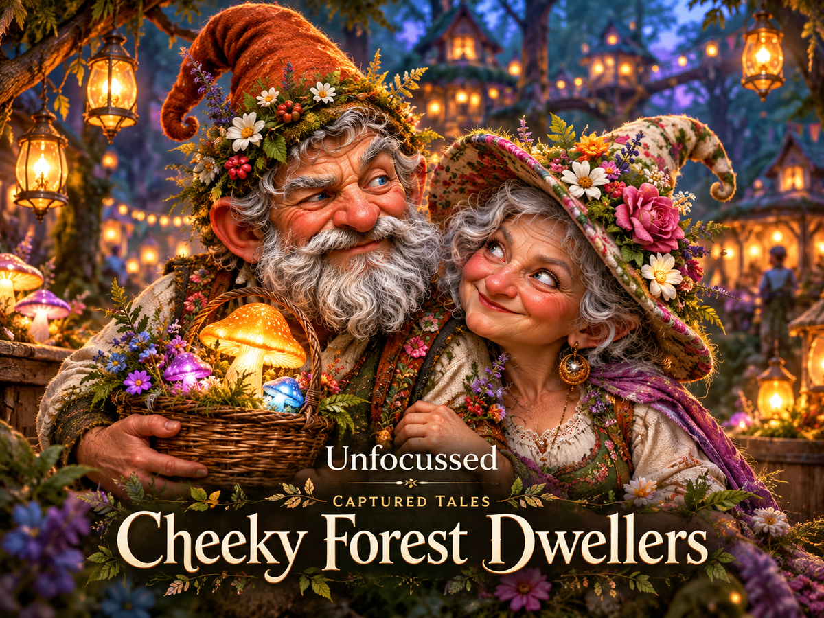 Hank and Gertie, a bearded gnome couple in flowered hats, smile together amid glowing mushrooms at the Festival of the Fungi.
