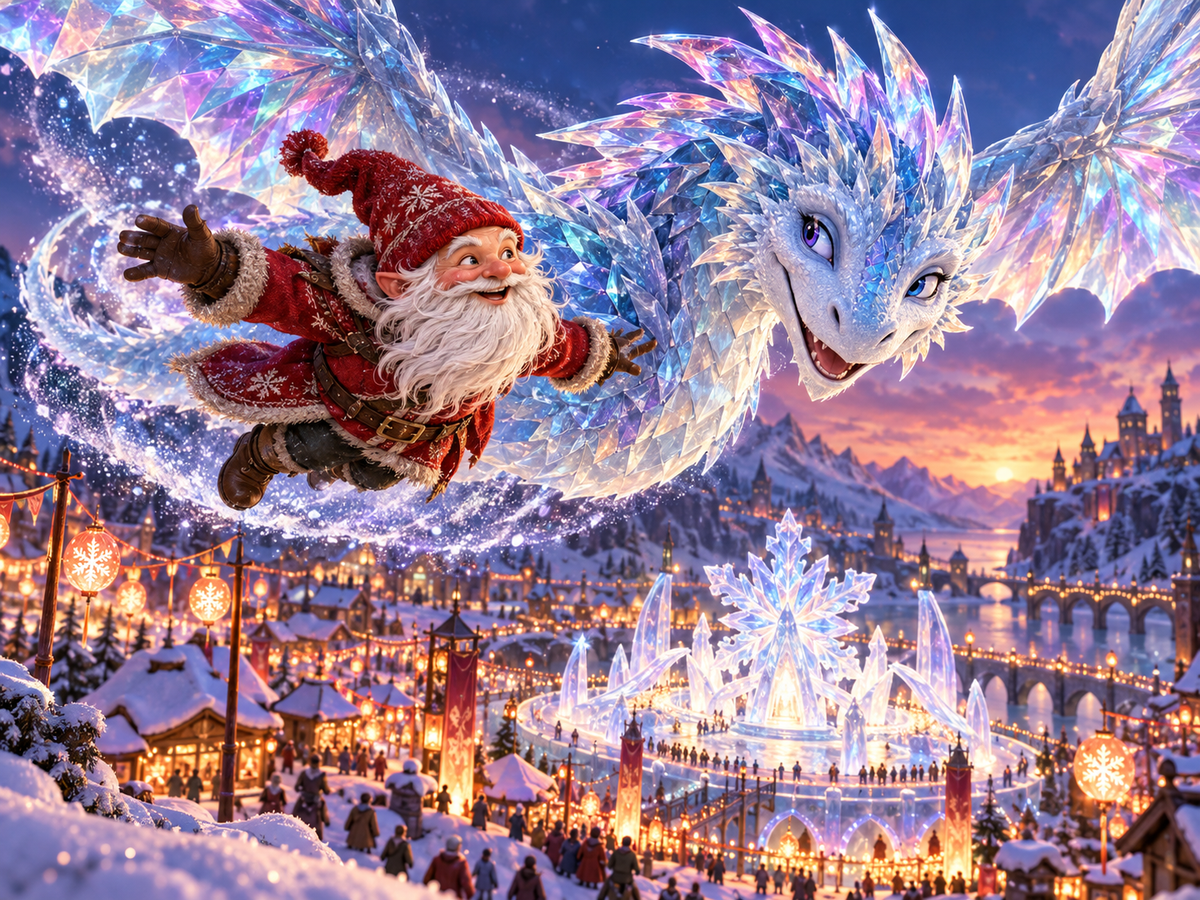 Gusbert Frostwhisker and the crystal Ice Dragon join a winter festival beneath blue-violet lanterns in Echoterra