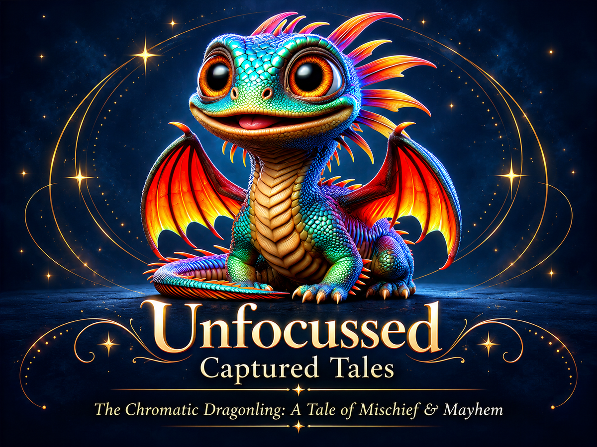 The smiling jewel-colored Chromatic Dragonling with orange wings, framed by gold orbit lines and the Captured Tales story title.