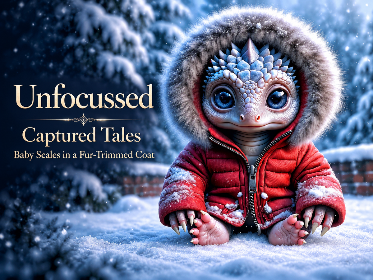 Scalesworth, una cría plateada de ojos azules con abrigo rojo ribeteado de pelo, está sentado en un bosque nevado junto al título de Captured Tales.