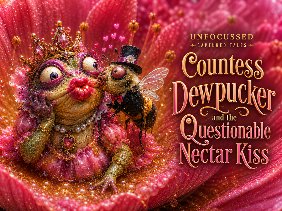 Countess Dewpucker recoils as Basil Bumblewick kisses her in a glowing pink Sugarwild blossom beneath the title Countess Dewpucker and the Questionable Nectar Kiss.