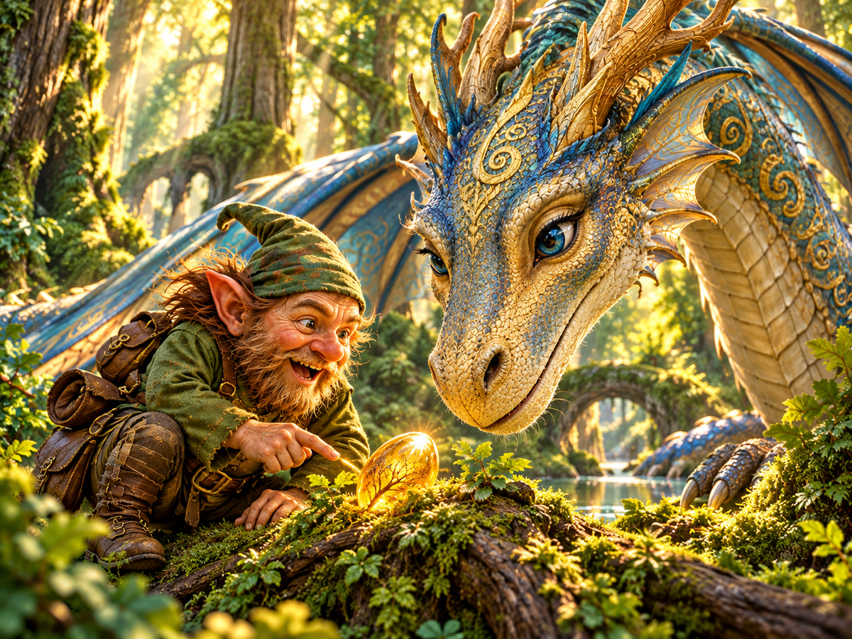 Alder the gnome and Eirwyn the gold-and-blue dragon discover a glowing amber seed in the Great Whispering Woods