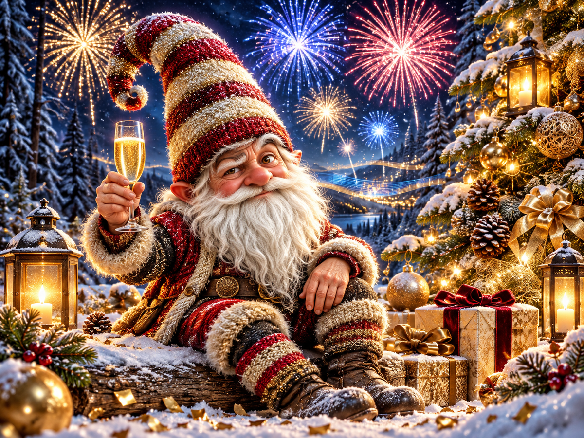 A visibly amused adult gnome in a red and gold striped cap raises a toast beneath colorful New Year fireworks in a bright, snow-covered Echoterra forest clearing.