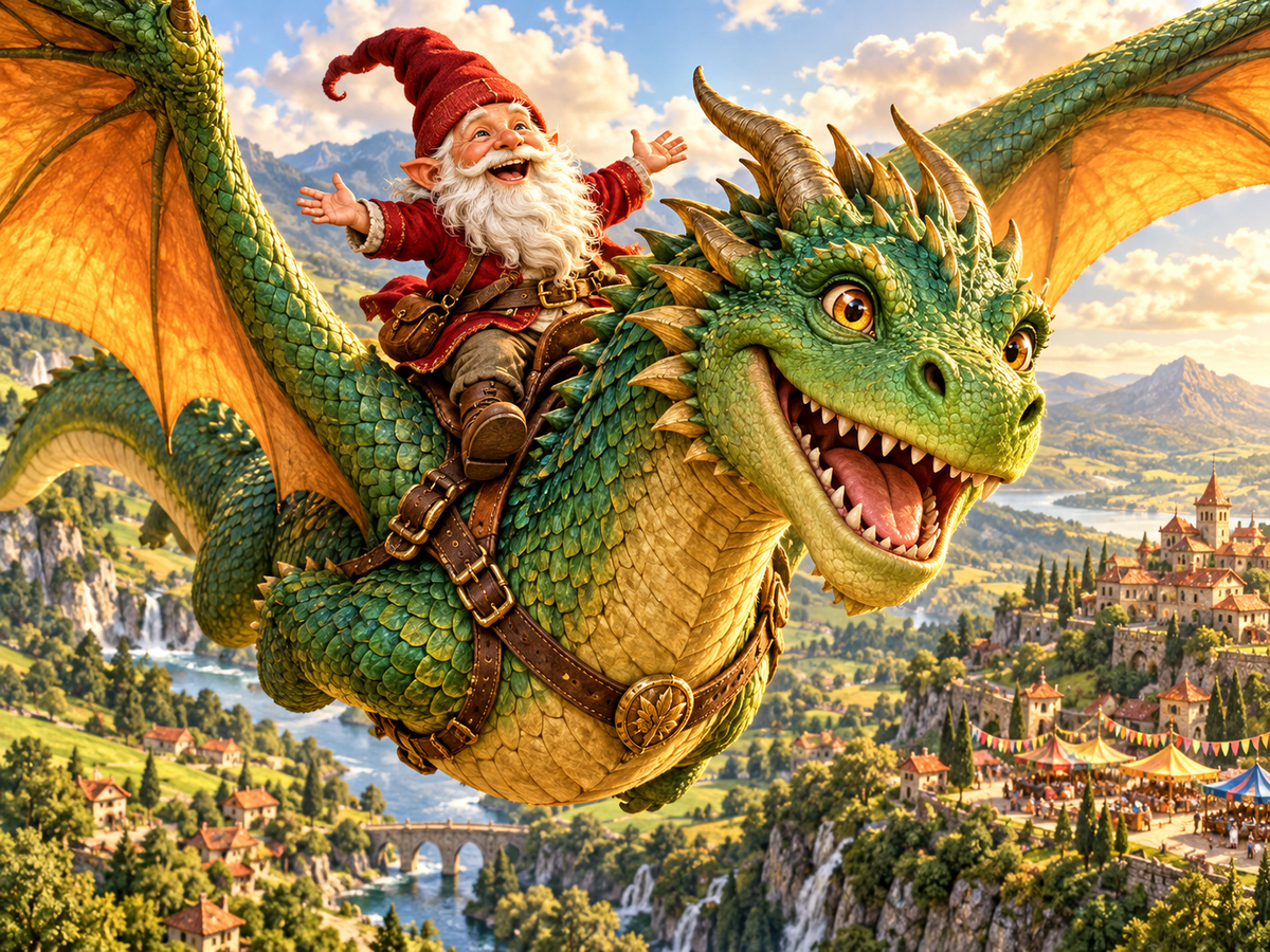 Gnome Grizzle Thimbletwig rides emerald dragon Scorchbutt over the sunlit oasis terraces of Copperwake Reach.