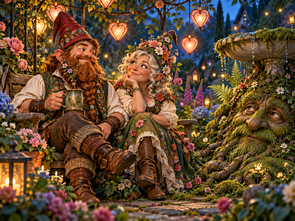 In Mossbottom, adult gnomes Barnaby and Glimmer celebrate beneath heart lanterns as the Mossfather wakes beside an old birdbath.