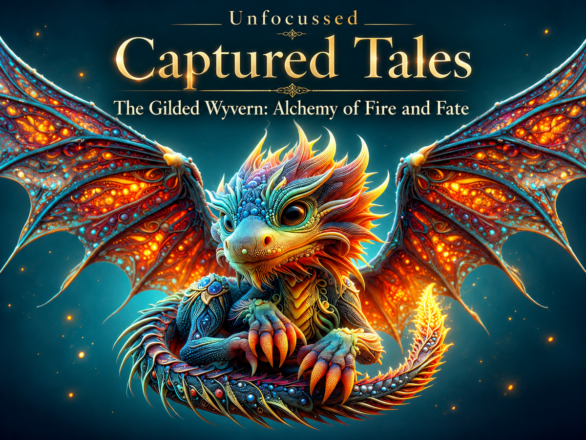 Ein kleiner blaugoldener Drache mit leuchtend orangefarbenen Flügeln unter dem Titel The Gilded Wyvern: Alchemy of Fire and Fate.