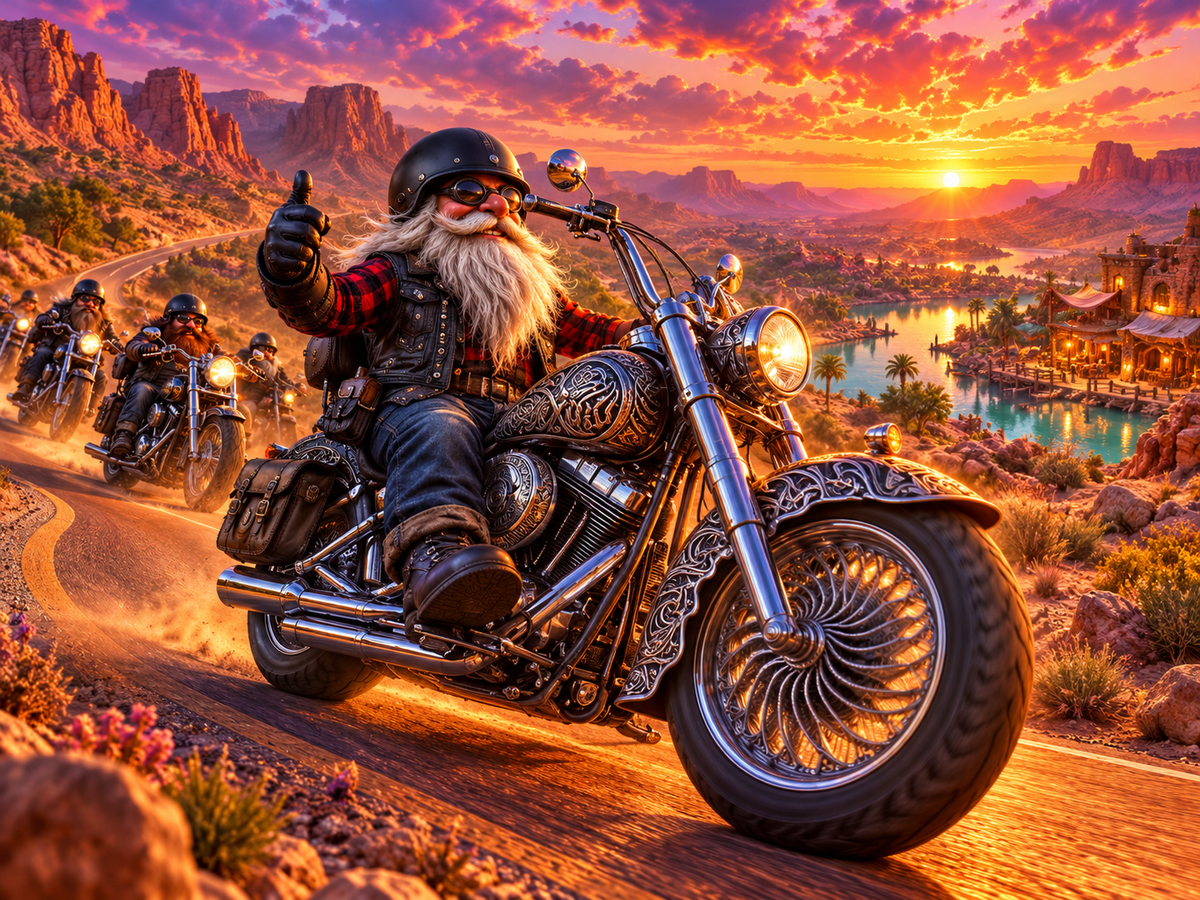 Rusty Ironbeard, a white-bearded gnome biker, leads his helmeted crew along a sunlit copper road through the Copperwake Reach at sunset.