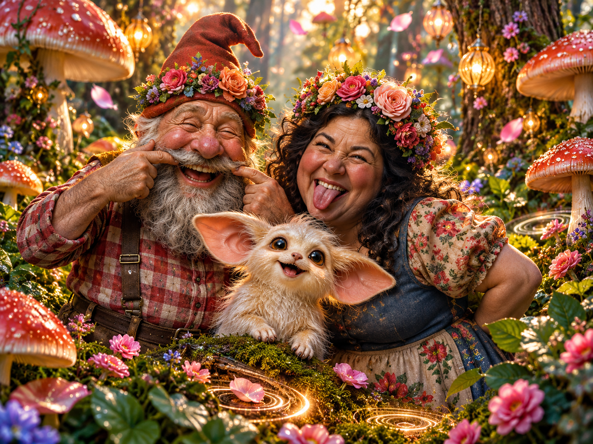 Adult gnome couple Buck and Pet laugh with a curious Fuzzle in Blushblossom Grove, where soft Echo Pulse ripples shimmer through the mushrooms.