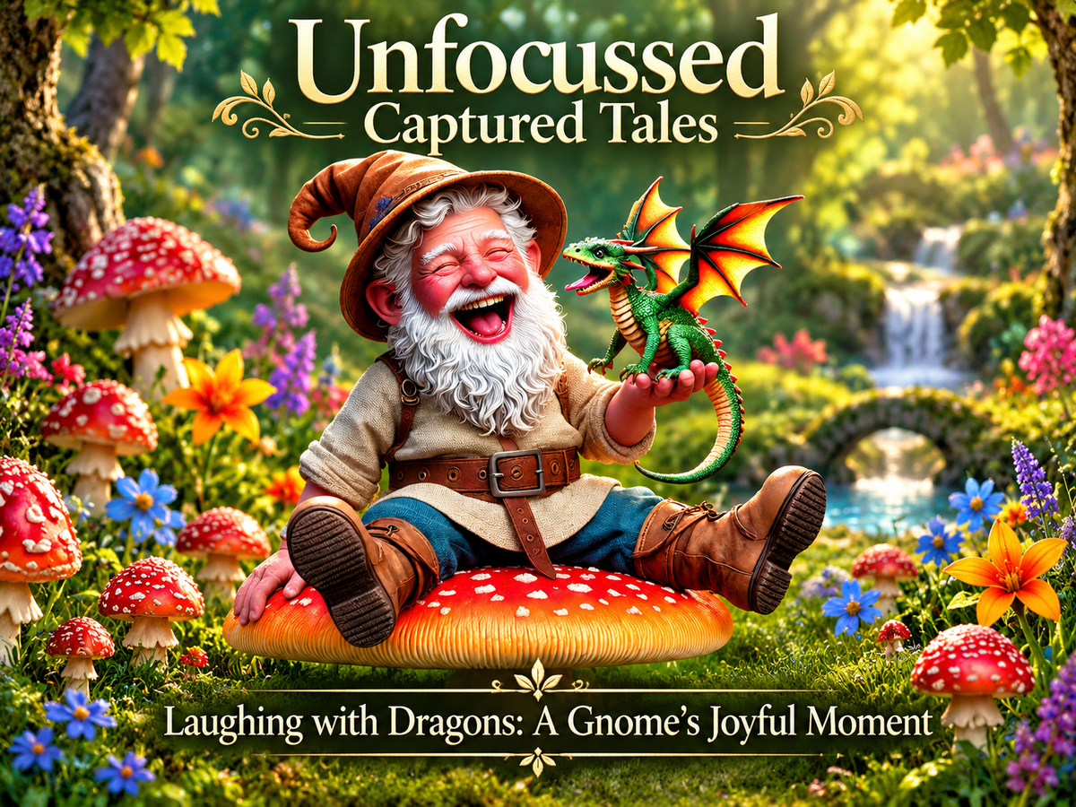 El gnomo risueño Grimble sostiene al bebé dragón verde Snarky bajo el título Laughing with Dragons: A Gnome's Joyful Moment.
