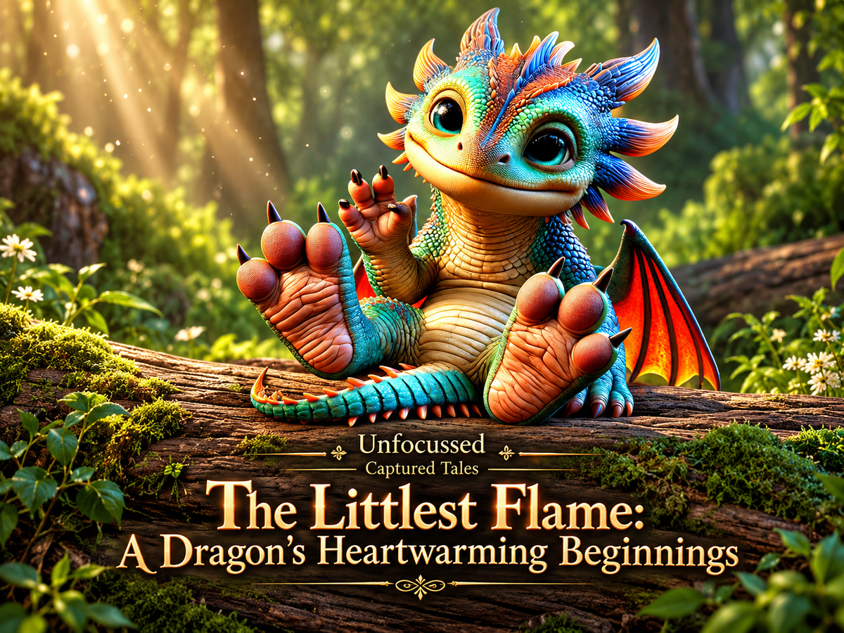 Smidge, a smiling blue-green dragonling, waves from a forest log beneath The Littlest Flame: A Dragon's Heartwarming Beginnings title.