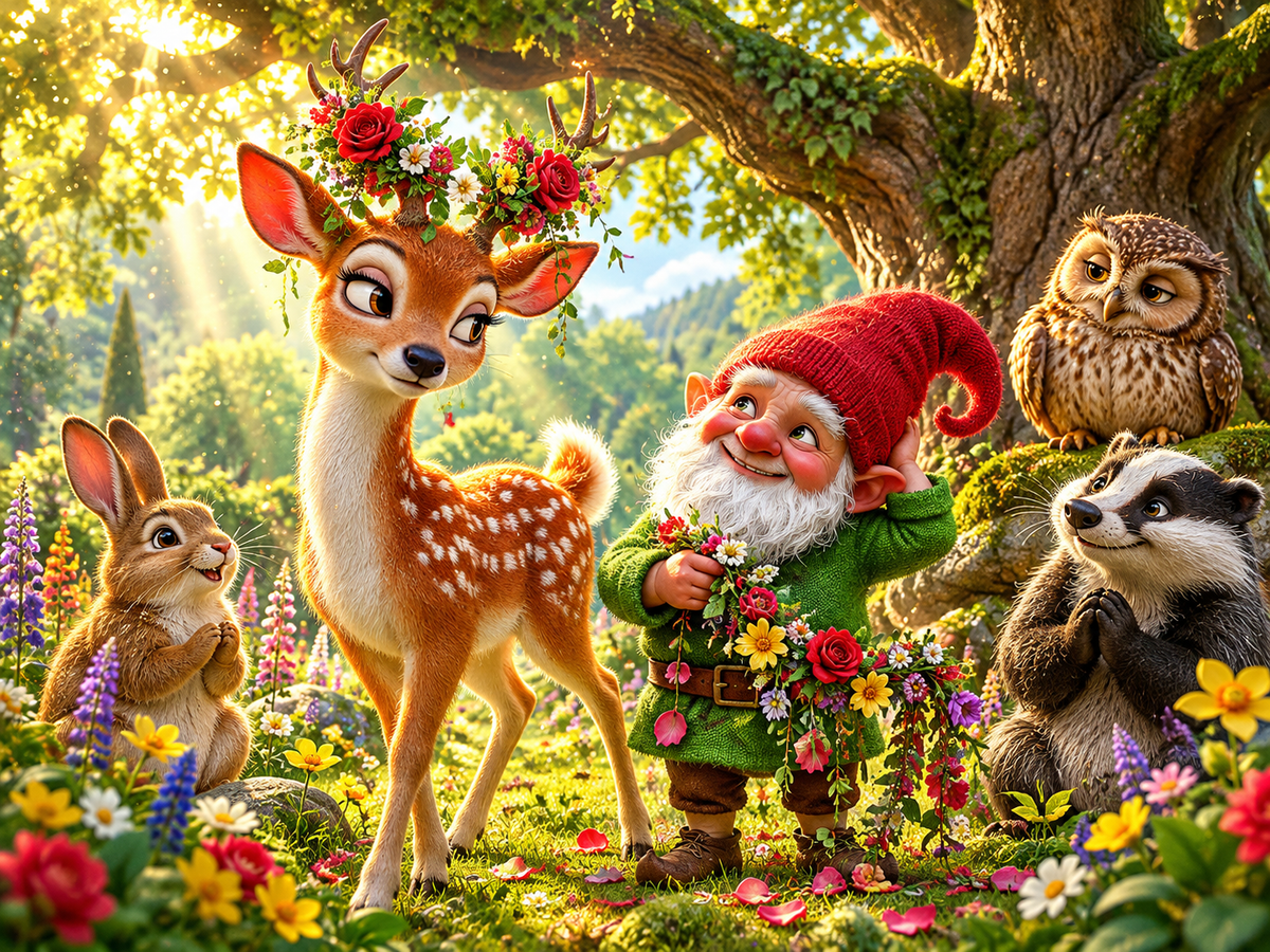 Wibble apologizes to Petal beneath the Great Oak as the woodland council looks on in a bright, flower-filled Echoterra clearing.