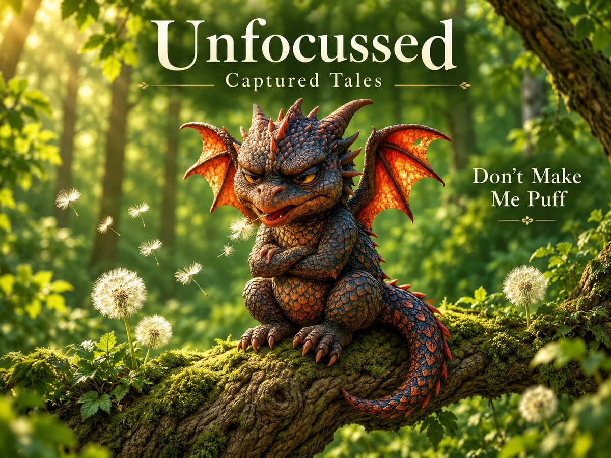 Scowling copper-and-indigo dragon with folded arms and orange wings beside dandelions and the Don't Make Me Puff title.