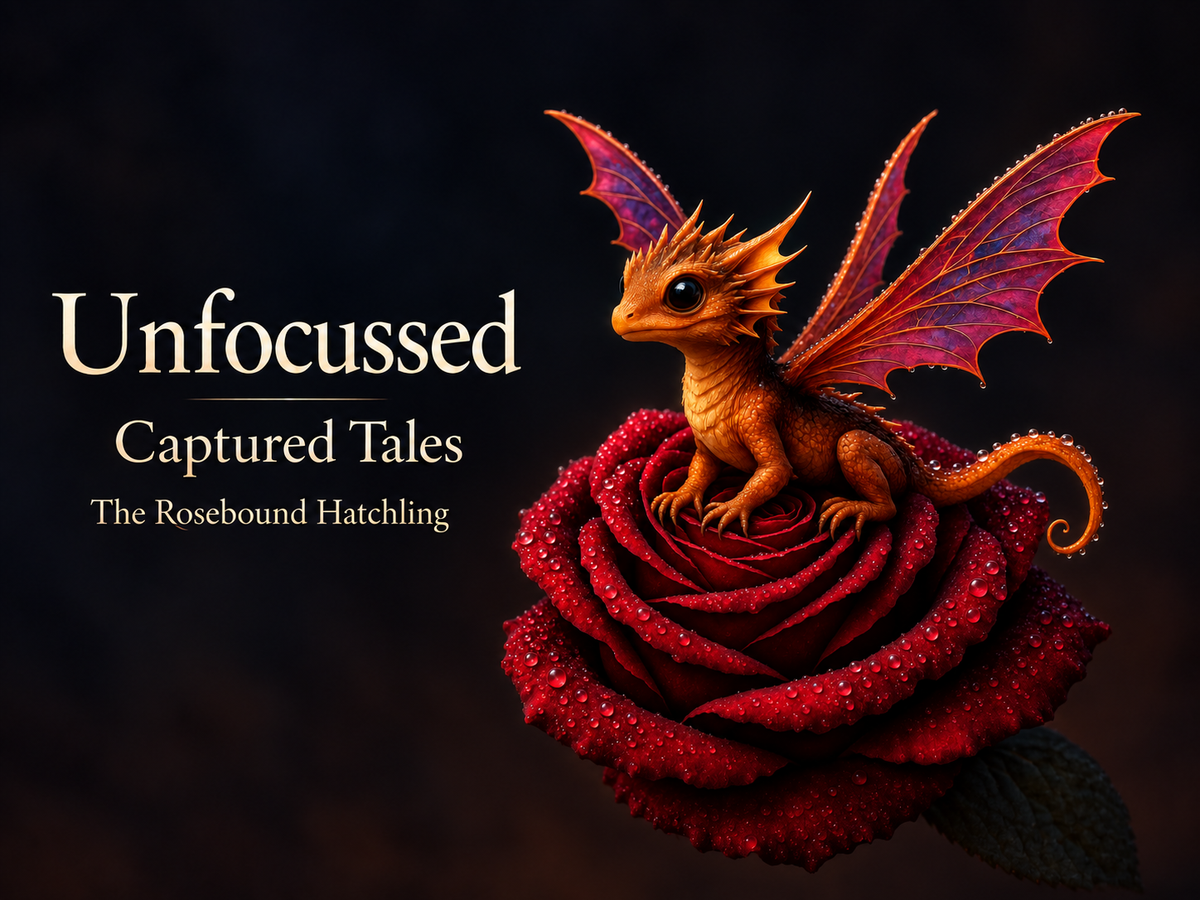 Ein goldorangefarbener Drache mit violetten Flügeln sitzt auf einer taubedeckten karmesinroten Rose neben dem Titel The Rosebound Hatchling.