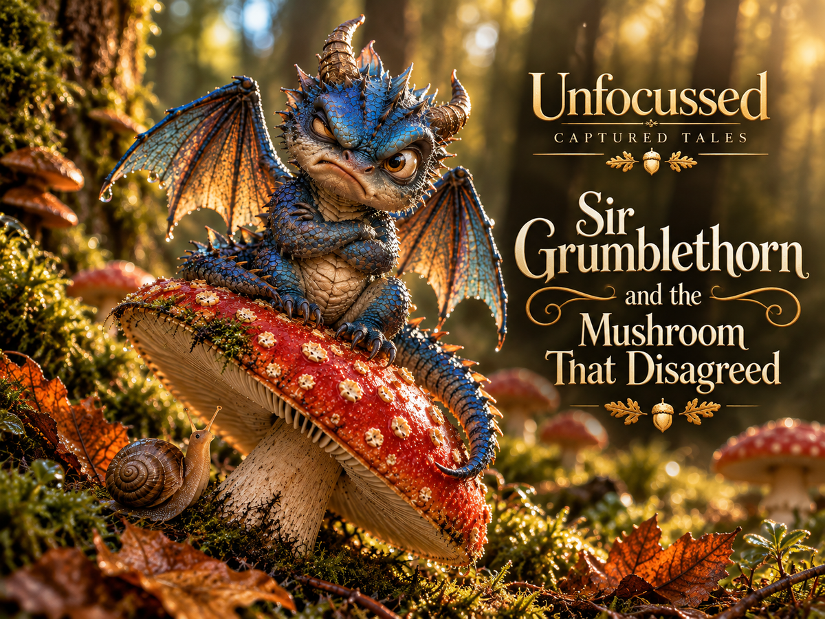 Sir Grumblethorn, a small cobalt dragon, perched on a red mushroom beneath the Captured Tales title