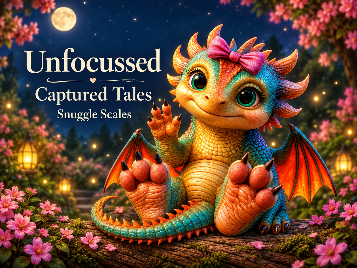 Rainbow-scaled Snuggle Scales with a pink bow waves in a flowering garden beside the Captured Tales title.