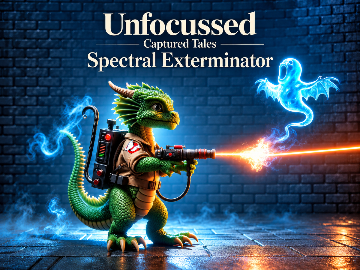 O dragão verde Zypher aponta seu equipamento de caça-fantasmas para um espectro azul luminoso sob o título Spectral Exterminator.