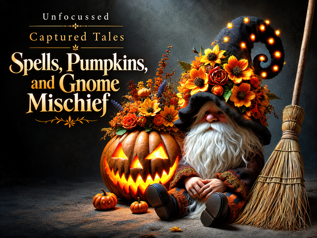 Custom Captured Tales featured image for Spells, Pumpkins, and Gnome Mischief, with the flower-crowned gnome, glowing jack-o’-lantern, broom, and exact story title.
