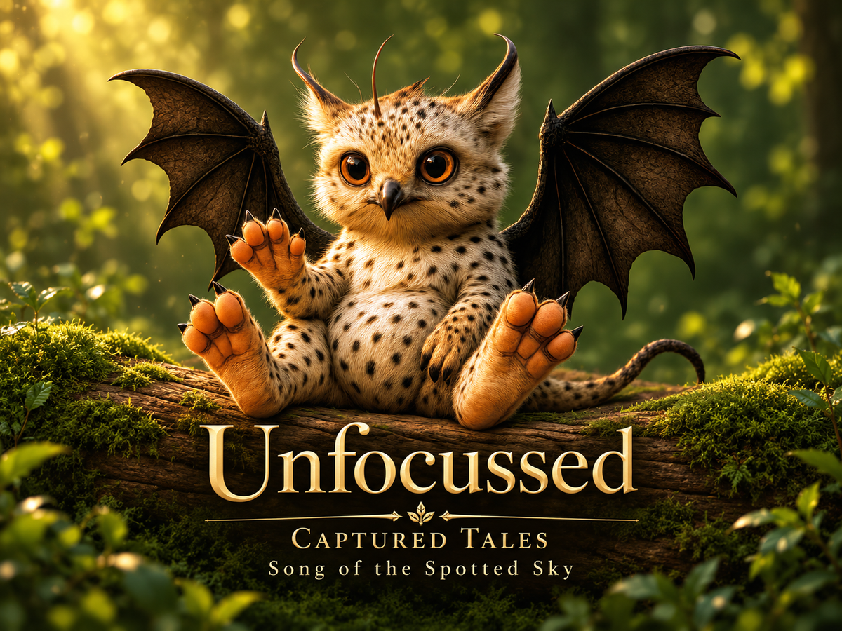 Song of the Spotted Sky — a spotted owl-dragon with amber eyes and spread wings on a forest log, Unfocussed Captured Tales.