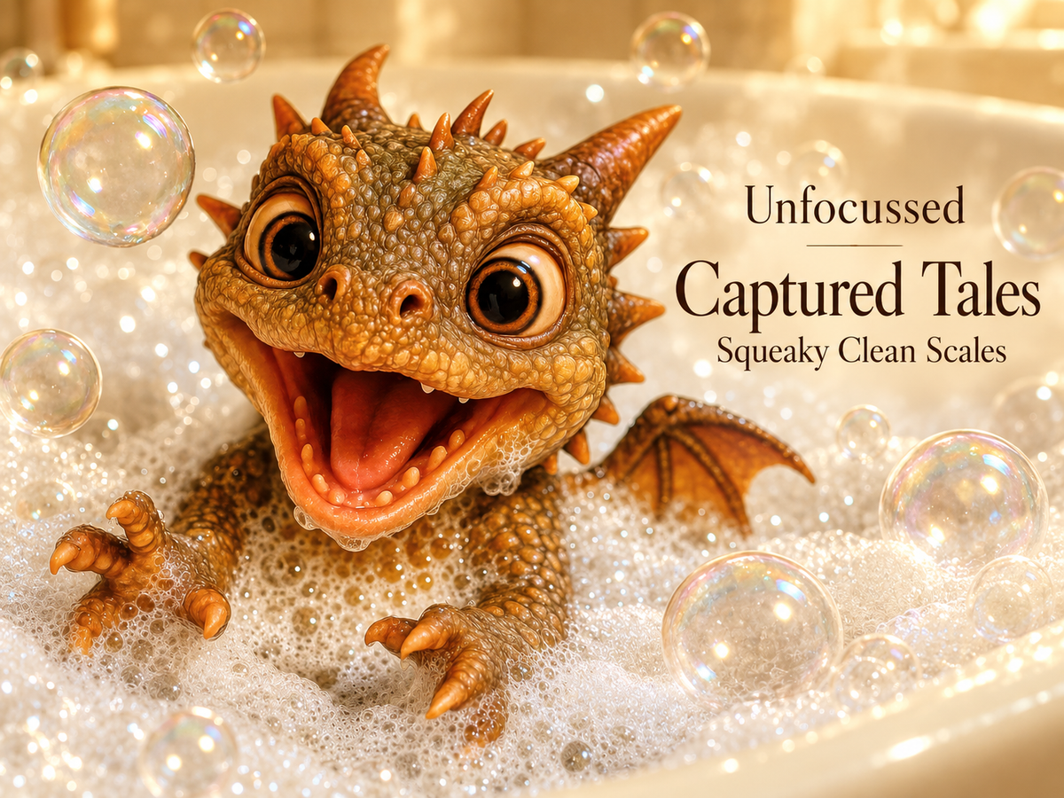 Um filhote dourado encantado brinca em bolhas de banho iridescentes sob o título Squeaky Clean Scales.