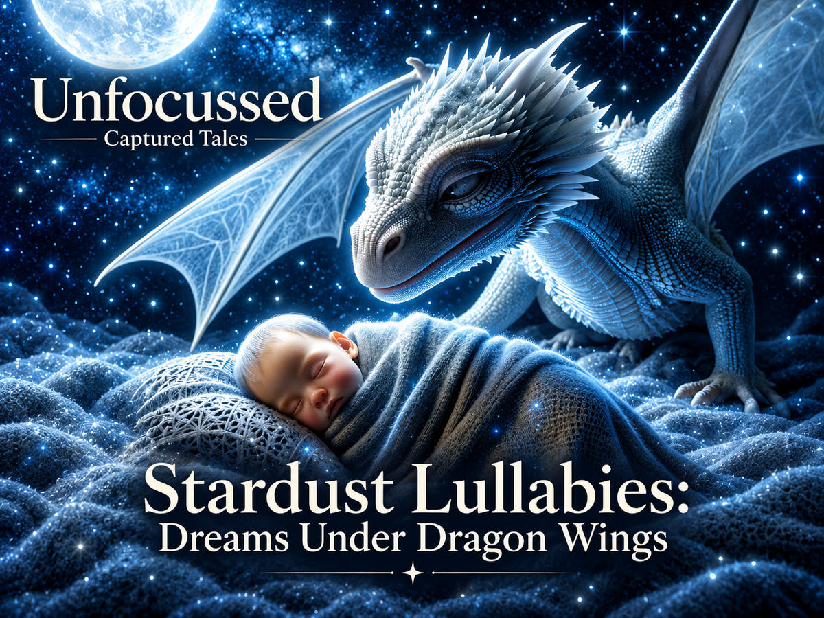 Silver-blue dragon watches over a sleeping child beneath a starry sky, with the Stardust Lullabies: Dreams Under Dragon Wings title.