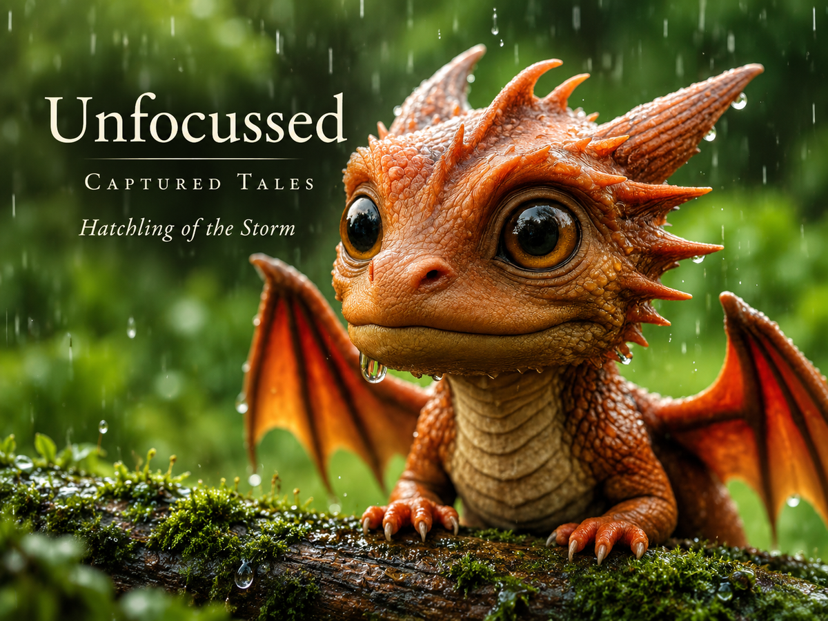 Hatchling of the Storm – ein orangefarbener Drache mit großen Augen ruht auf regennassem Moos unter dem Captured-Tales-Titel.