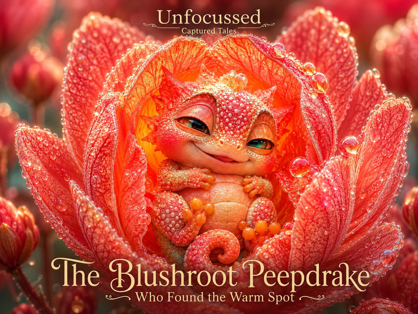 A smiling coral and blush-pink peepdrake curled inside a glowing dew-covered flower in Sugarwild Garden.