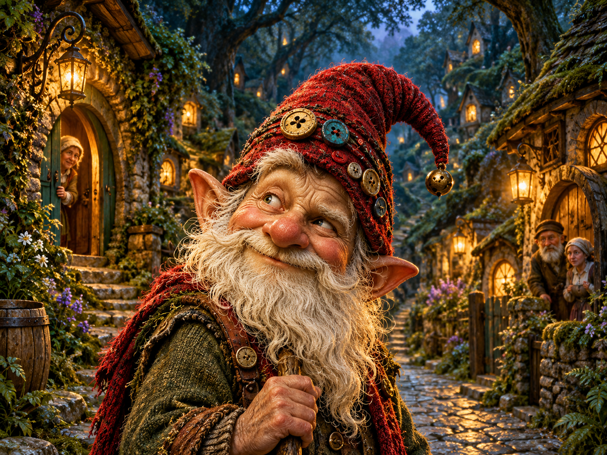 A laughing white-bearded gnome in a crooked red cap covered with mismatched buttons stands on lantern-lit Knotsnarl Lane at the edge of the Great Whispering Woods.
