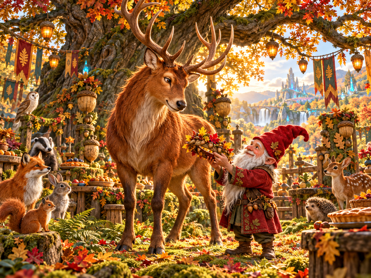 Wimble Leafwhistle offers Chestnut a leaf-and-acorn crown at the Emberwood Harvest Festival.