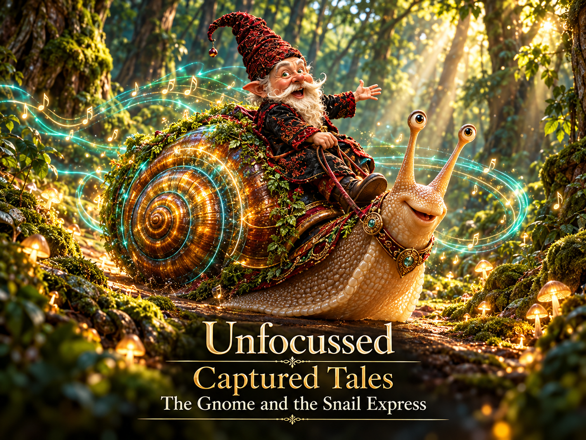Whiskers, the amber-shelled snail, carries red-hatted Gnorman through Echoterra’s Great Whispering Woods as a gold-and-teal rhythm travels through the roots.