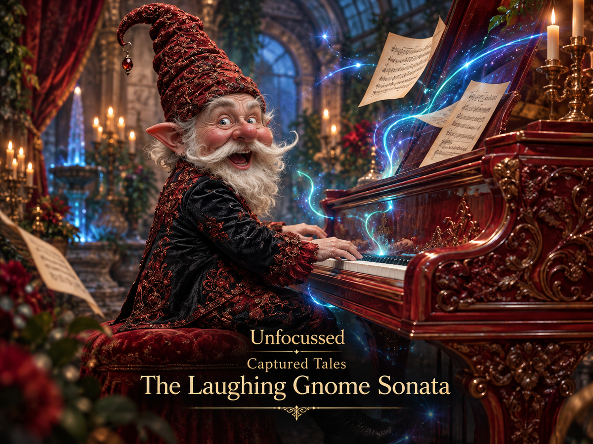The Laughing Gnome Sonata, Bartholomew Figglebrass at the crimson piano in Madame Velouria’s Conservatory as the Echo Pulse returns to Echoterra