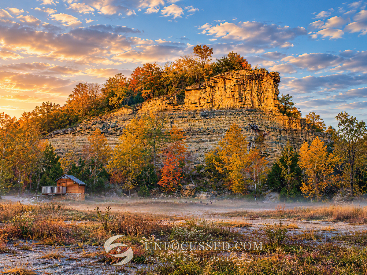 Golden quarry wall, autumn trees and a small wooden cabin above low mist at Klondike Park.
