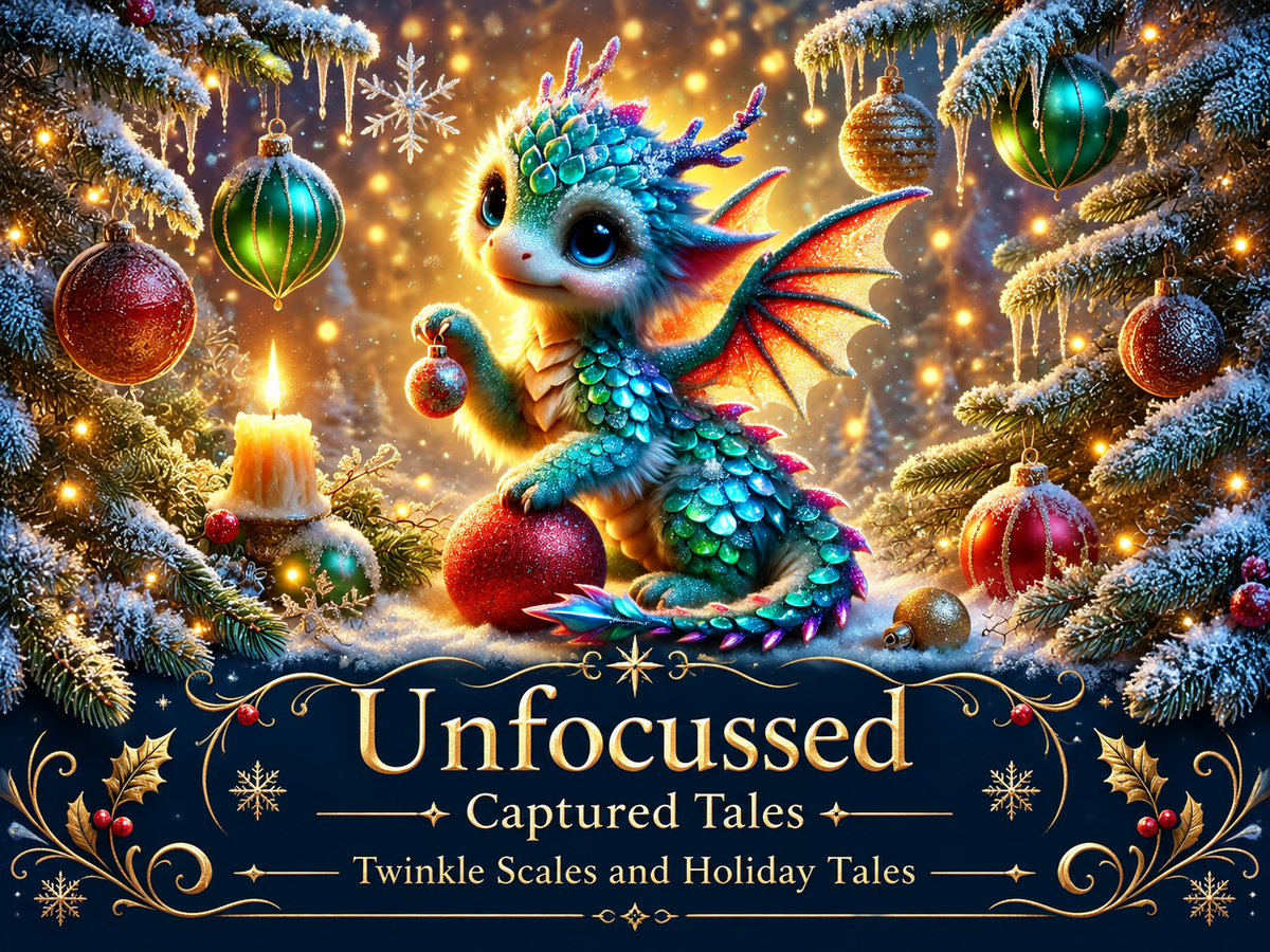 Un bebé dragón de escamas enjoyadas sostiene una bola roja entre ramas de abeto nevadas, bajo el título de Unfocussed Captured Tales Twinkle Scales and Holiday Tales.