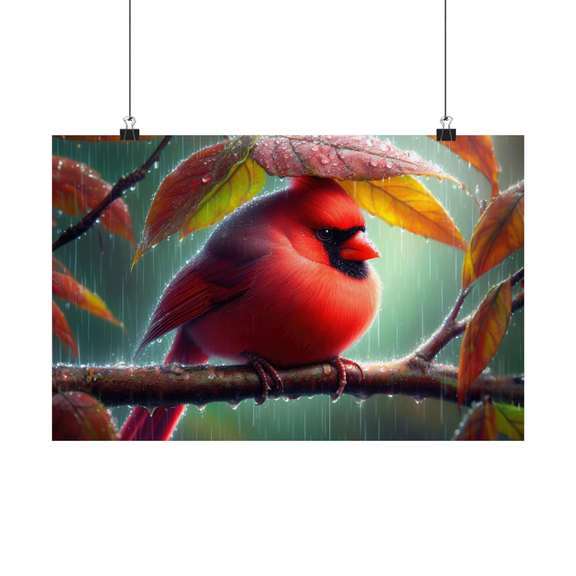 Drenched Cardinal Under a Leaf Canopy Poster