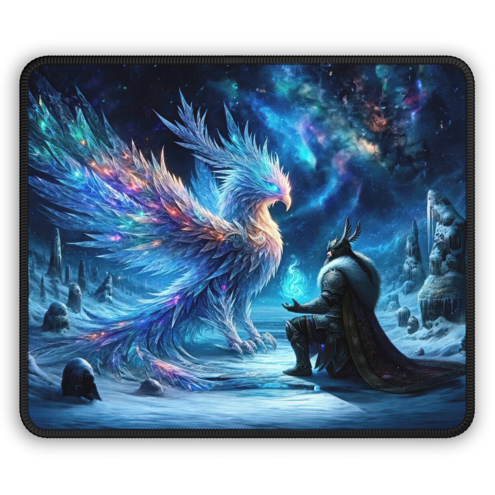 Galactic Frost Sovereign and the Cosmic Phoenix Gaming Mouse Pad