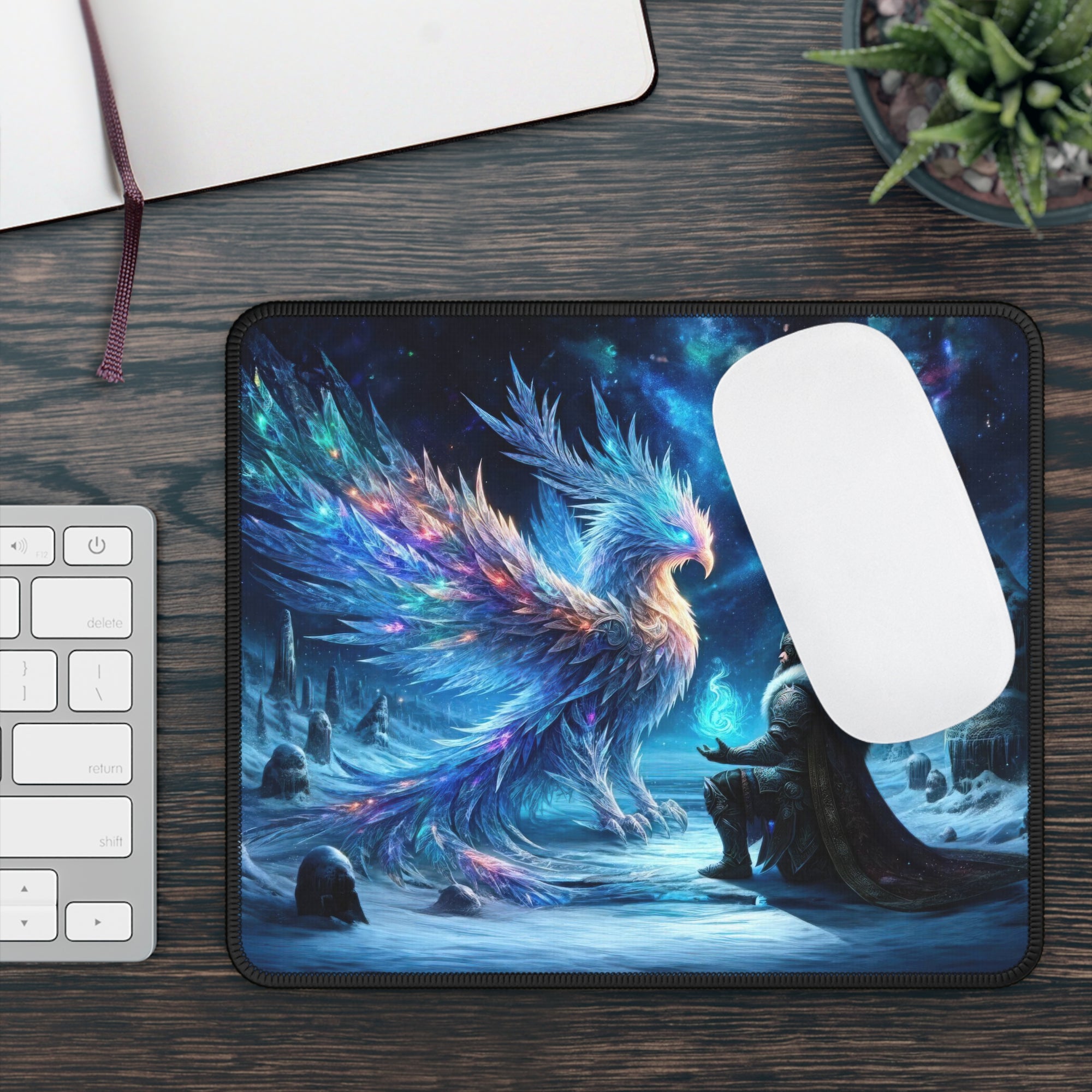 Galactic Frost Sovereign and the Cosmic Phoenix Gaming Mouse Pad