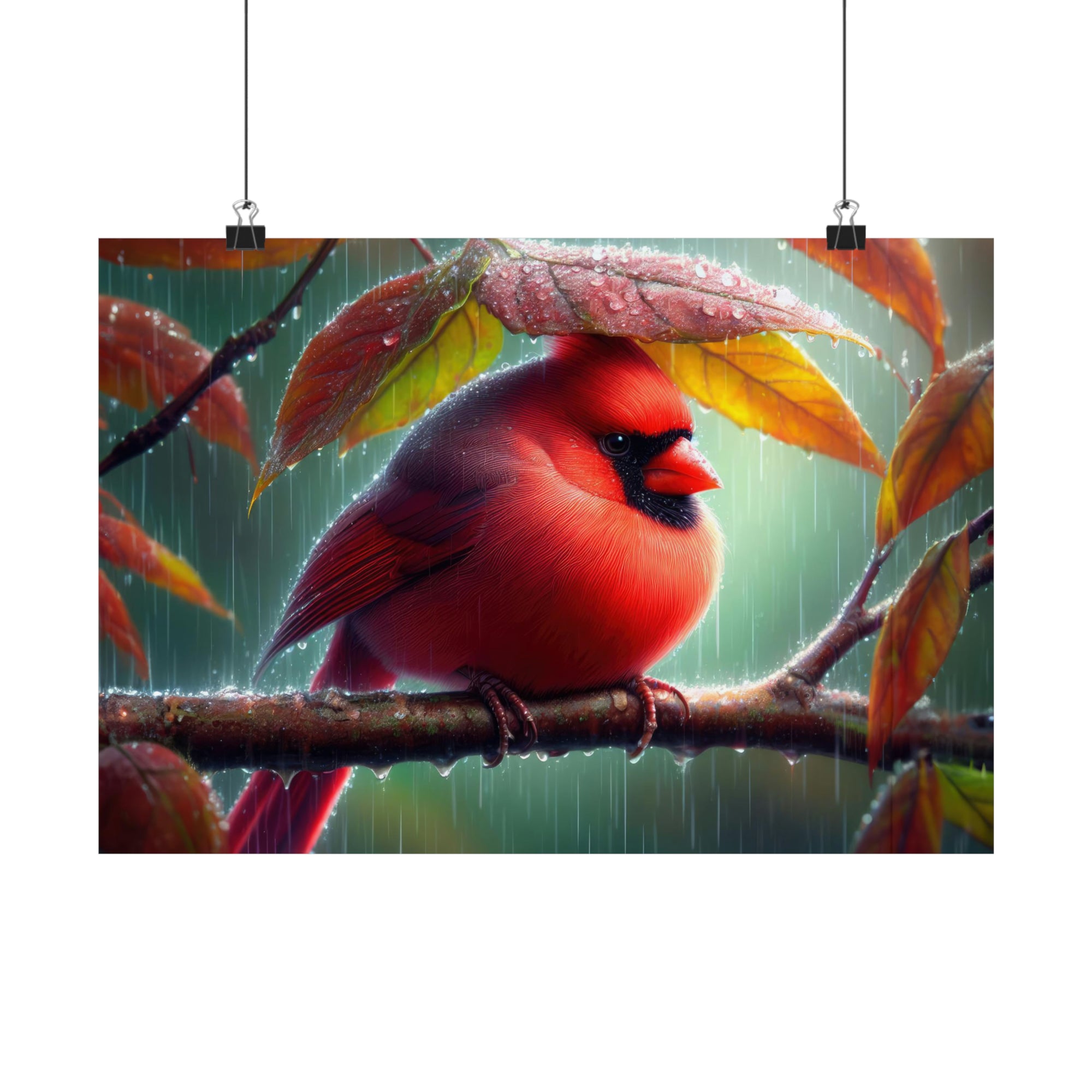 Drenched Cardinal Under a Leaf Canopy Poster