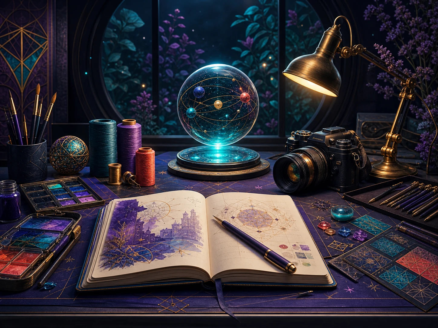 A luminous fantasy artwork taking shape among camera, drawing and pattern-making tools