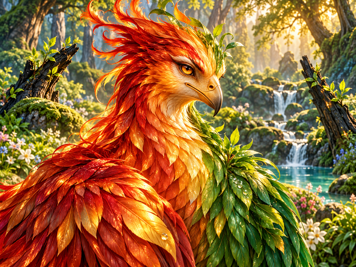 Fernessa the phoenix in Emberwood Forest, her ember-red and gold feathers blending into vivid green leaves and new growth.