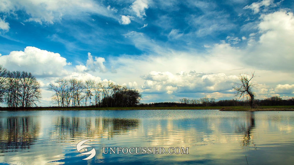 Blue sky and white clouds reflected in a lake, with bare trees along the shore and an isolated tree at right.