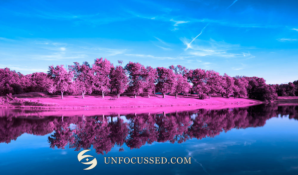 Magentafarbene Bäume und Gräser spiegeln sich in einem leuchtend blauen See unter cyanfarbenem Himmel in IR Reflections.