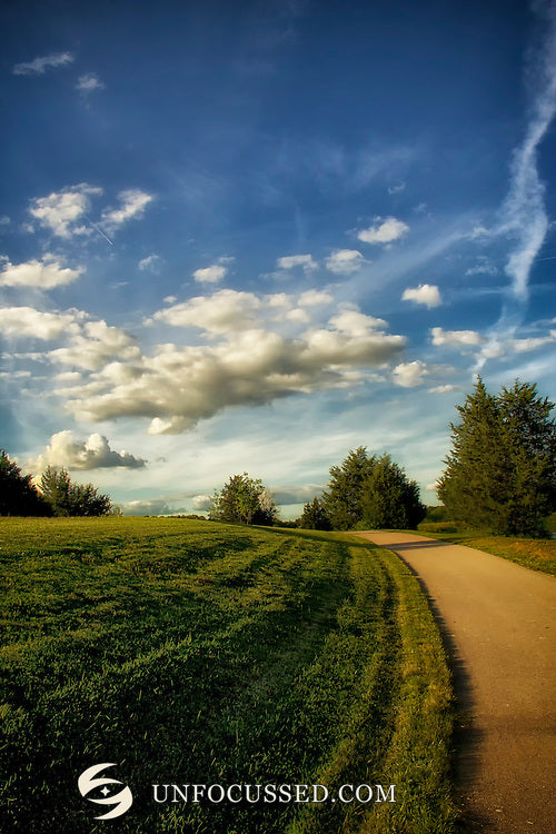 Un percorso pedonale pavimentato curva nell’erba verde brillante, accanto ad alberi sempreverdi e sotto un ampio cielo blu.