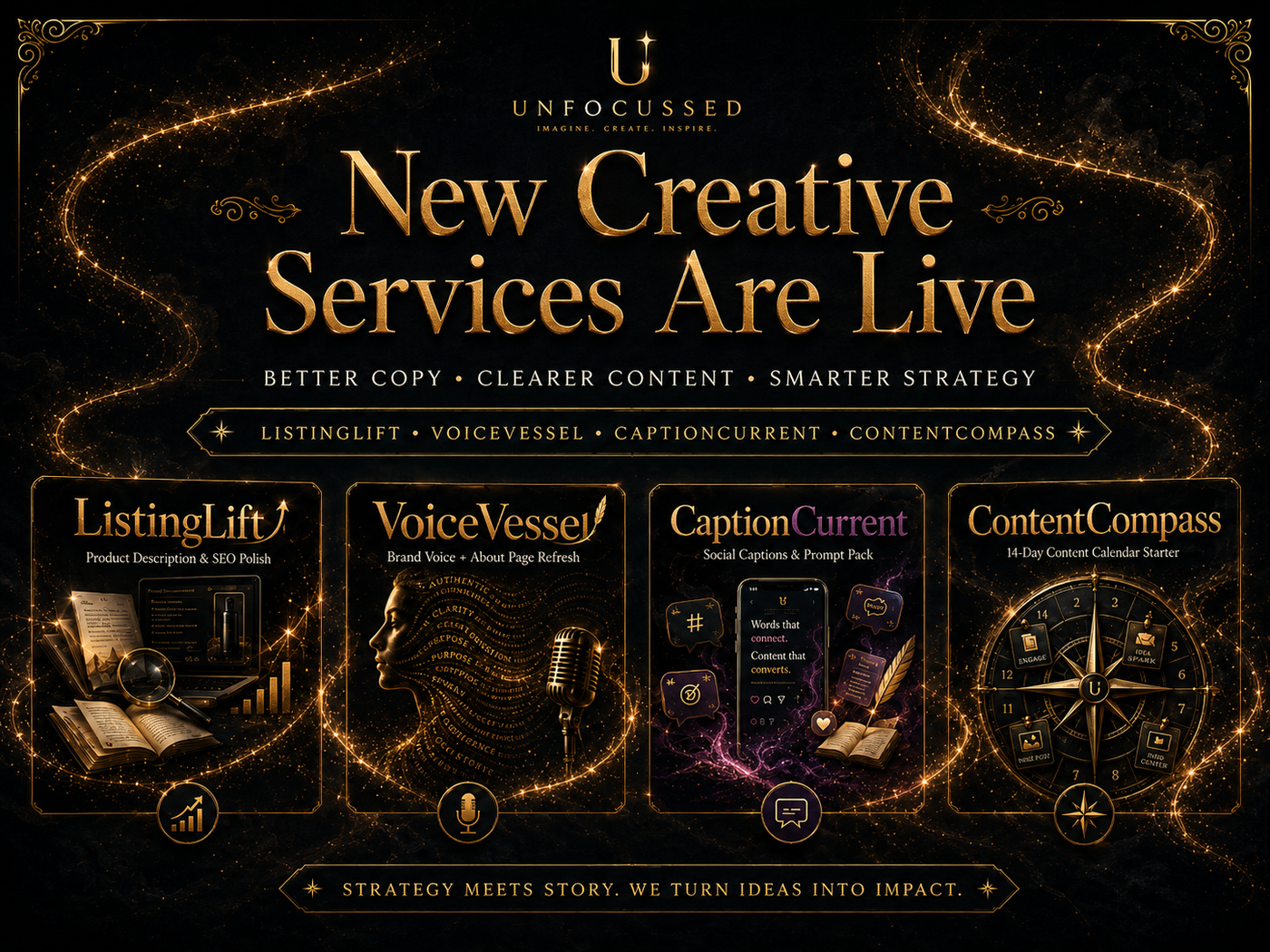 Black-and-gold Unfocussed banner announcing “New Creative Services Are Live,” featuring four service cards for ListingLift, VoiceVessel, CaptionCurrent, and ContentCompass with glowing gold accents.
